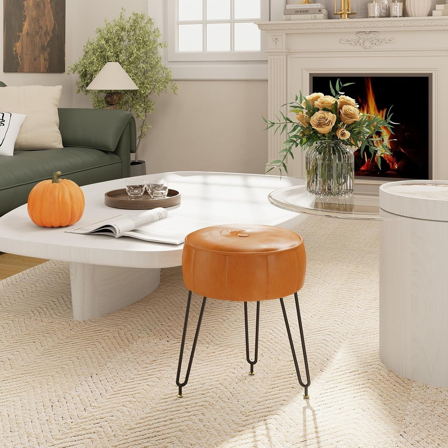 Orange Faux Leather Pumpkin Vanity Stool Round Modern Footrest Seat
