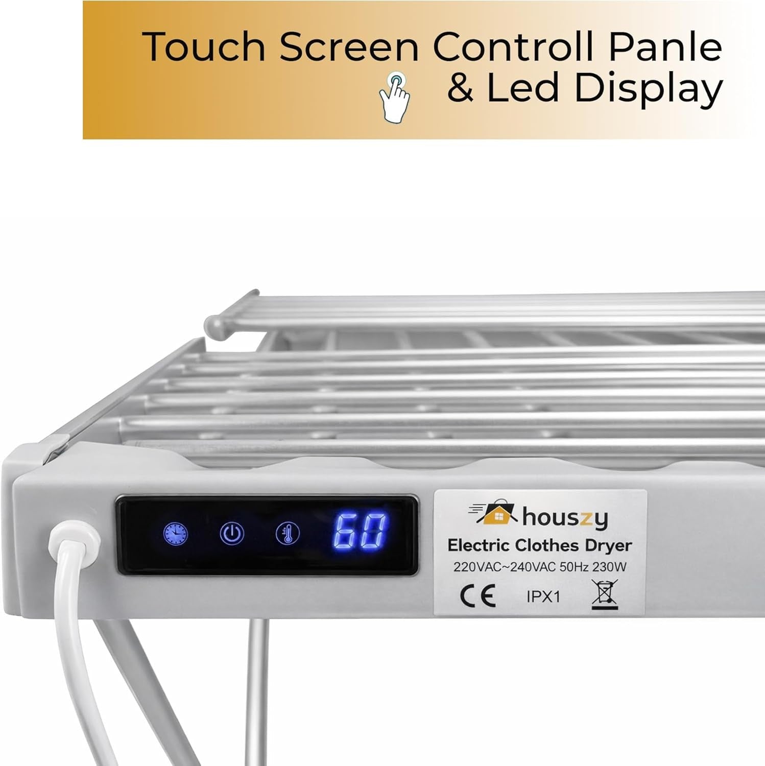 230W Heated Clothes Airer With Cover Touch Screen Timer 20 Bars Folding