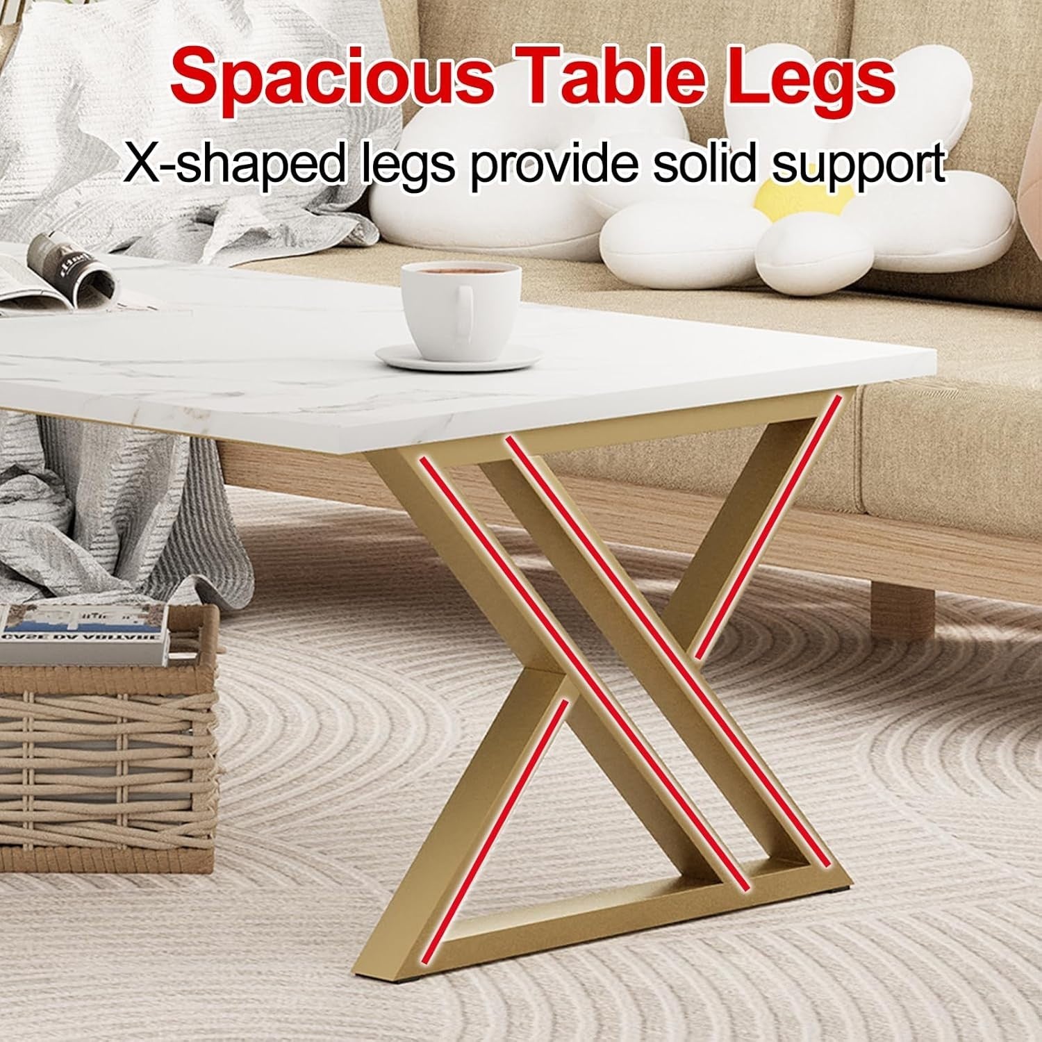 Modern White Gold Coffee Table Rectangular Living Room Table Open Storage