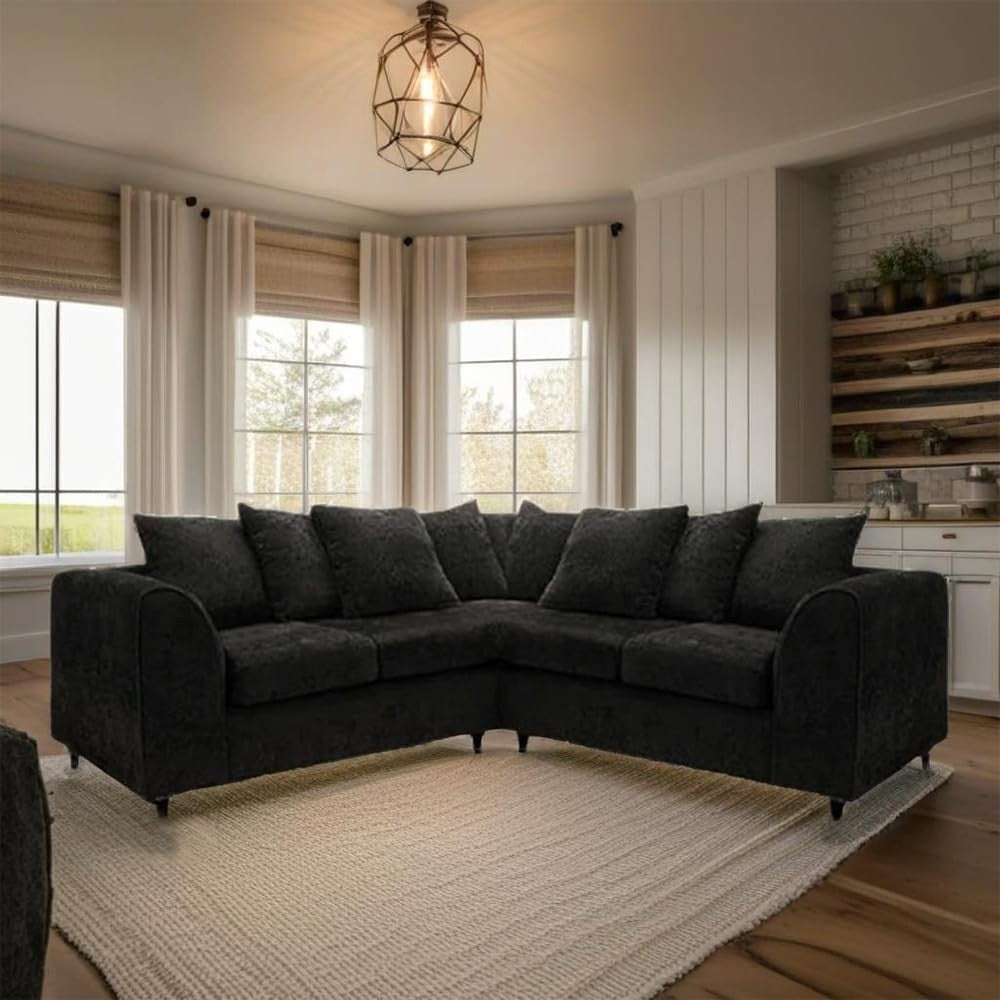 Black Chenille 2C2 Corner Sofa – Modern 5 Seater Scatter Back Couch
