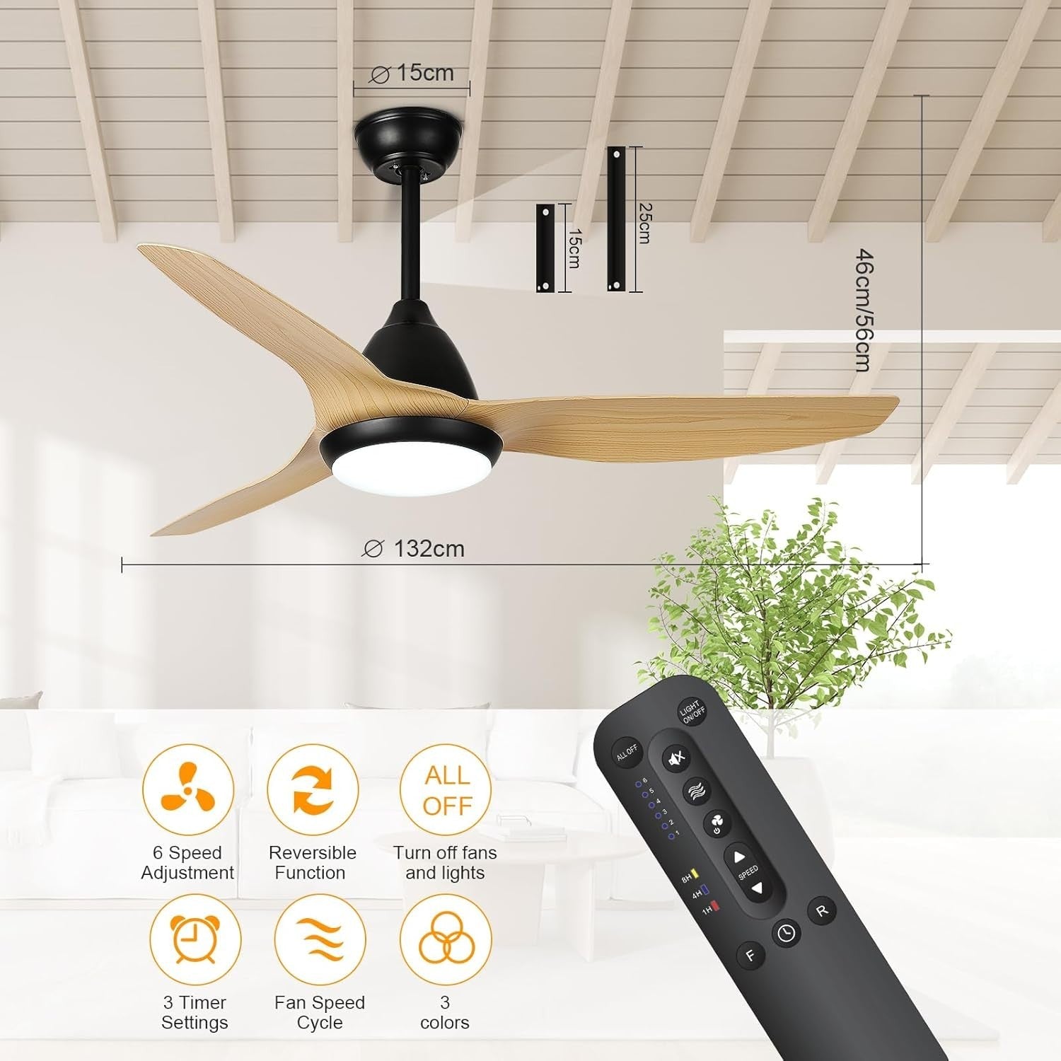 52" Ceiling Fan Light, 3 Blades, Dimmable LED, Remote, Quiet Wood Fan