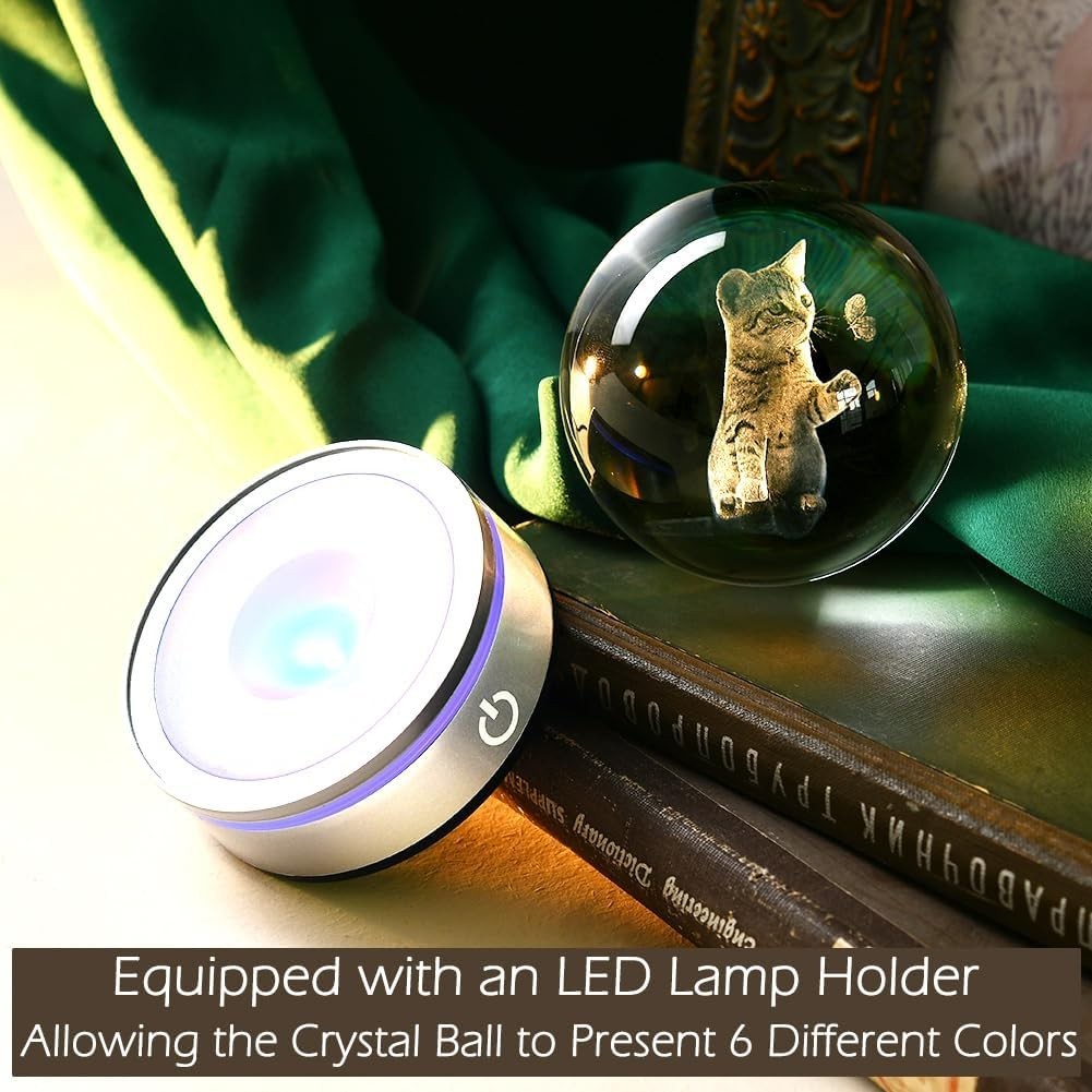 3D Cat Crystal Ball LED Light • Engraved Kitten with Butterfly Ornament