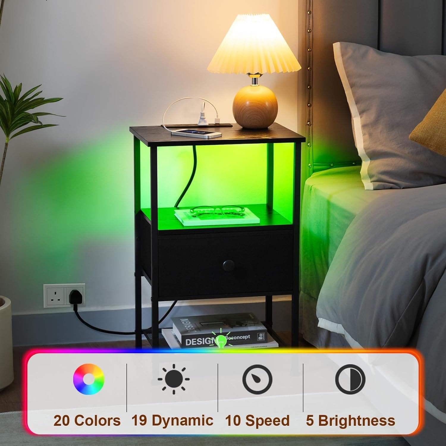 Set of 2 LED Bedside Tables with Charging Station, Fabric Drawer & Storage Shelf