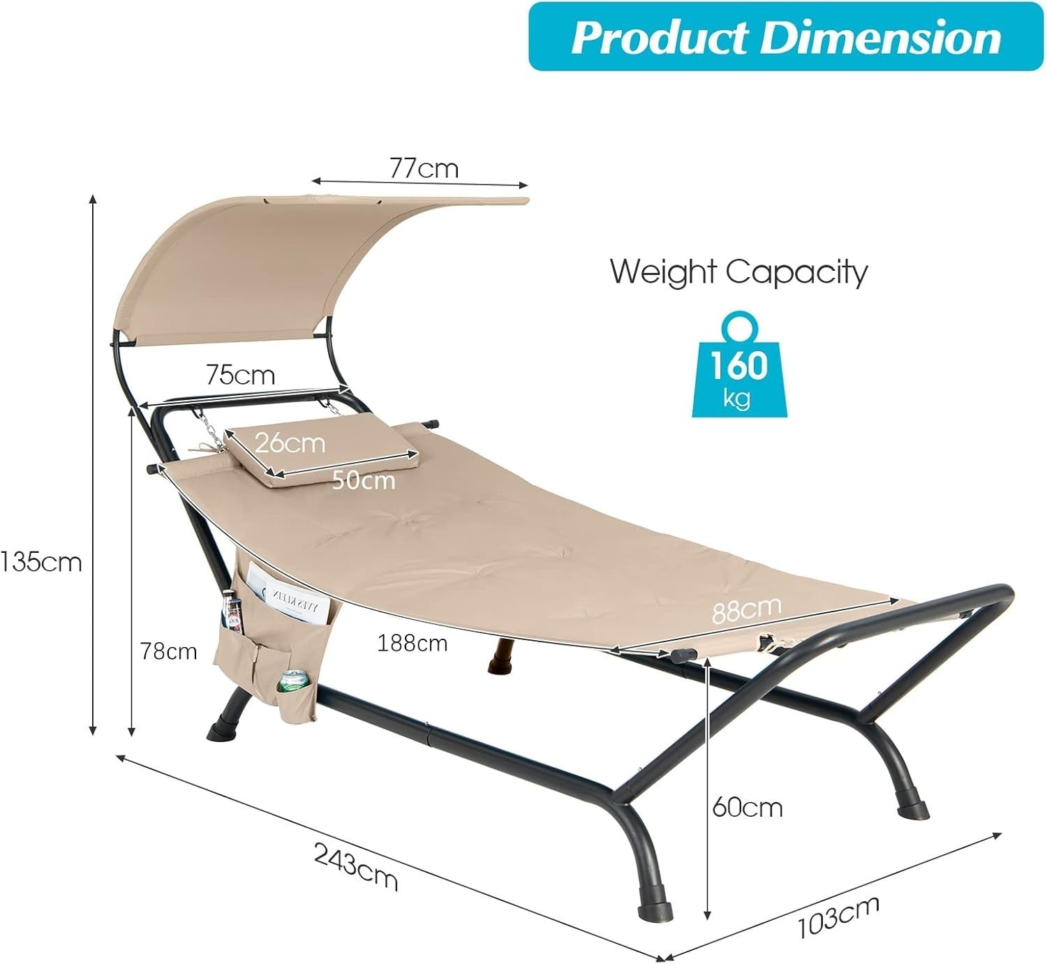 Beige Outdoor Hammock with Stand, Canopy & Cushion, Patio Swing Lounger