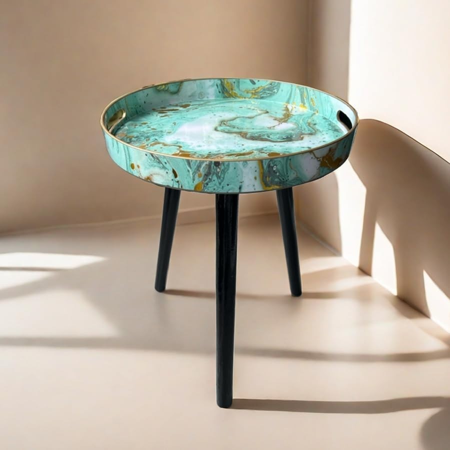 Round Side Table with Detachable Legs – 50x38x38cm Marble Green
