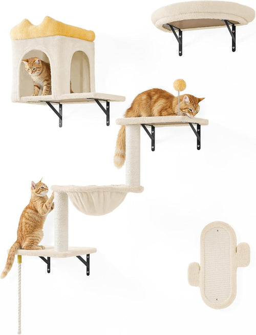 Wall Mounted Cat Shelves Climbing Set with Scratching Posts Perches Beige