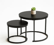 Round Nesting Coffee Tables Set for Living Room, Black Metal & Wood, Stackable
