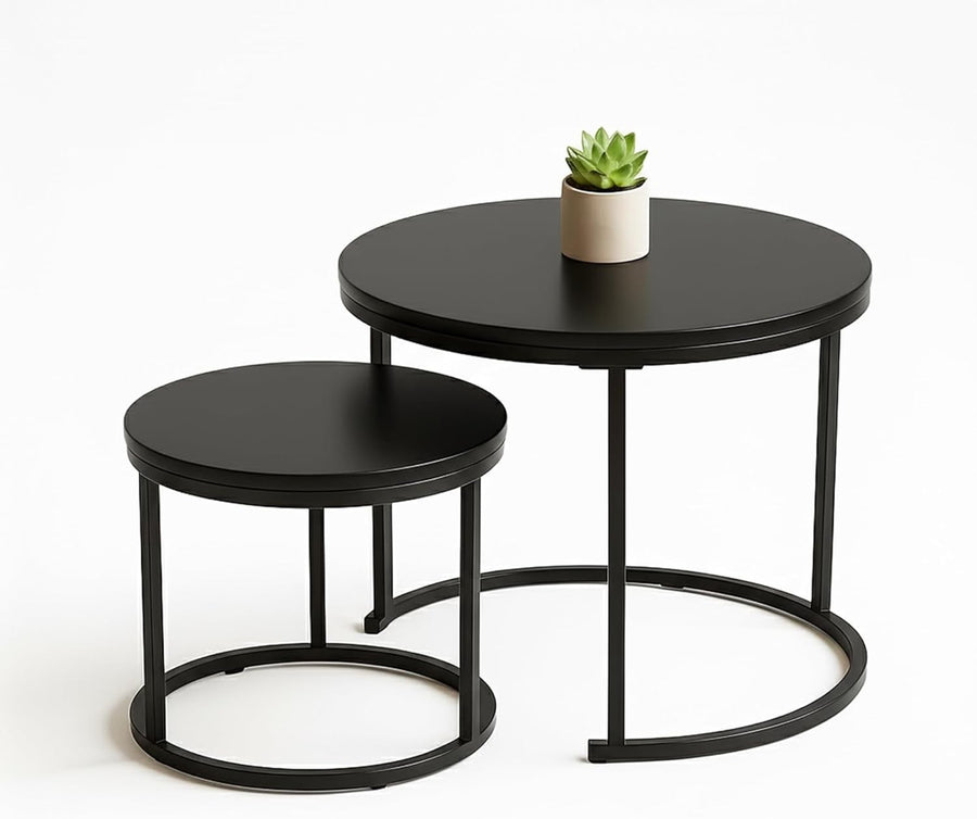 Round Nesting Coffee Tables Set for Living Room, Black Metal & Wood, Stackable