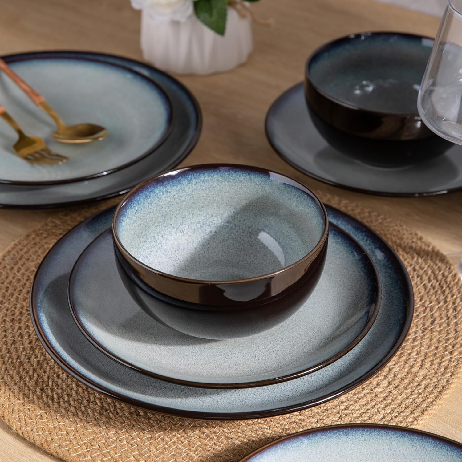 12pc Stoneware Dinner Set Plates Bowls Dishwasher Microwave Safe Blue