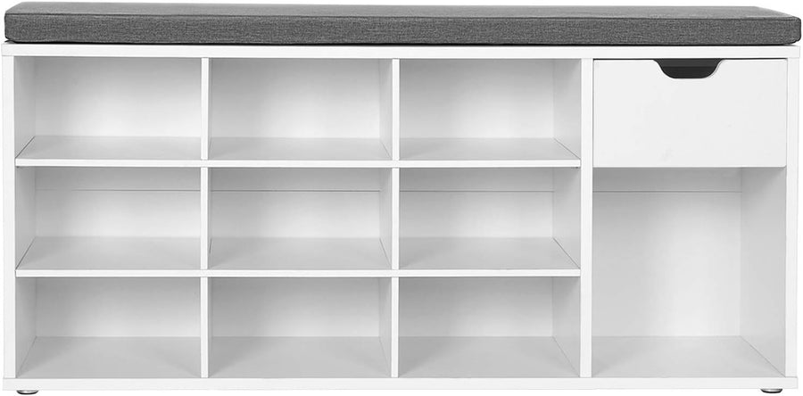 Modern White & Grey Shoe Storage Bench with Cushion, Drawer & Open Compartments