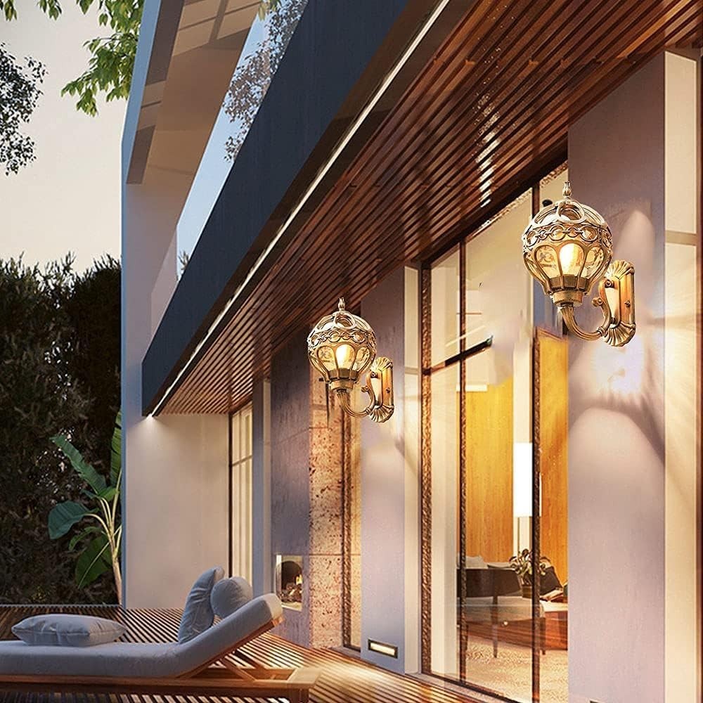 Vintage Gold Outdoor Wall Lantern – Waterproof Glass Sconce Light