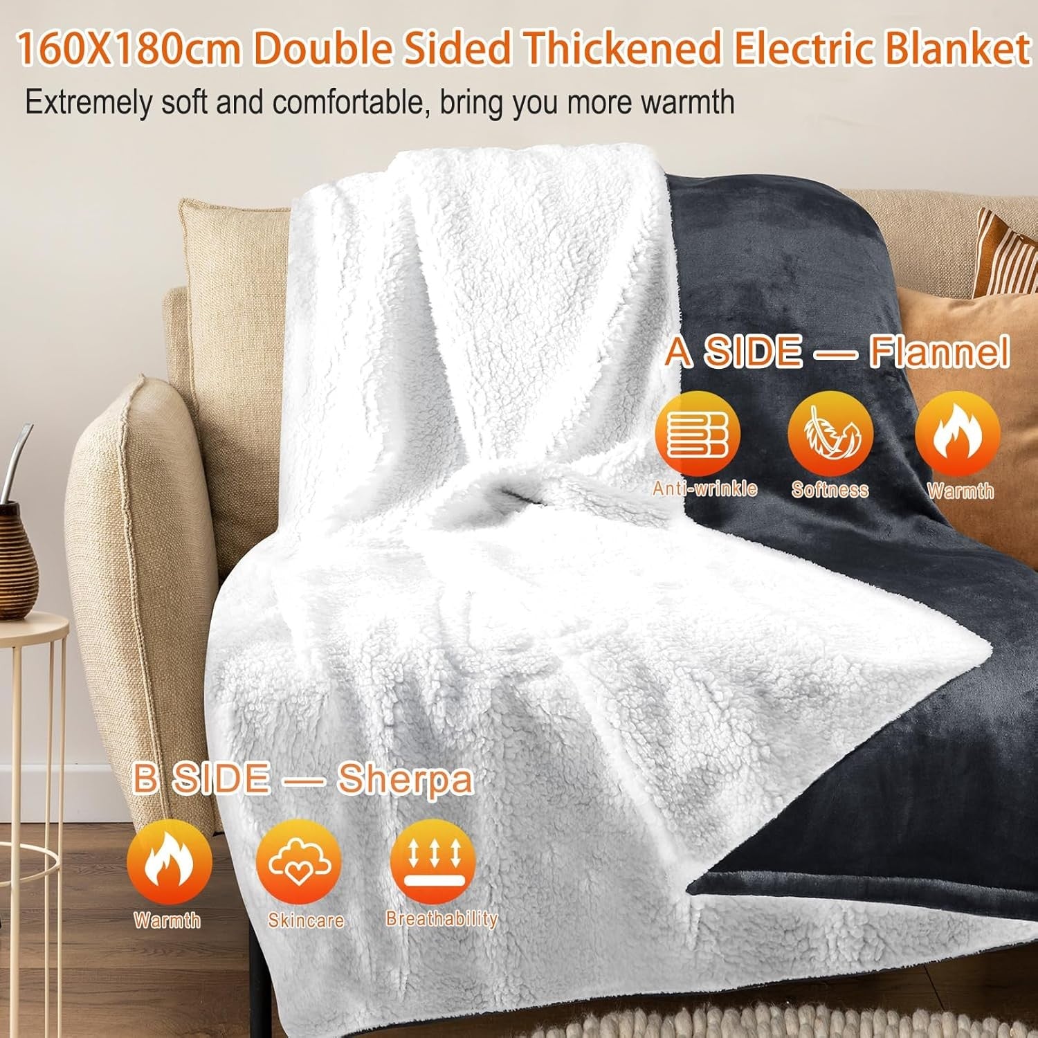 Electric Heated Throw Blanket 160x180cm Sherpa Fleece 6 Heat Grey