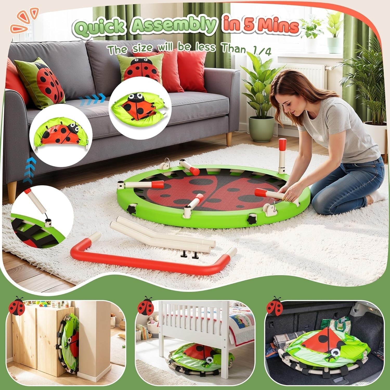3FT Toddler Trampoline Foldable Mini Jumper Adjustable Handle Kids 36”