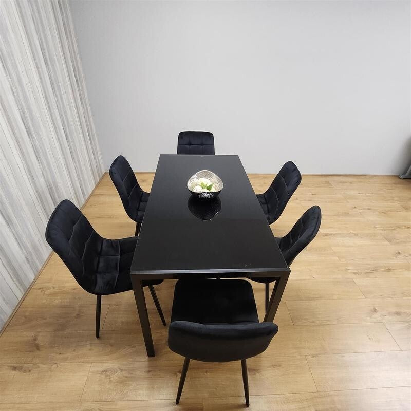 Glass Dining Table Set with 6 Velvet Chairs | Modern Black Kitchen Set