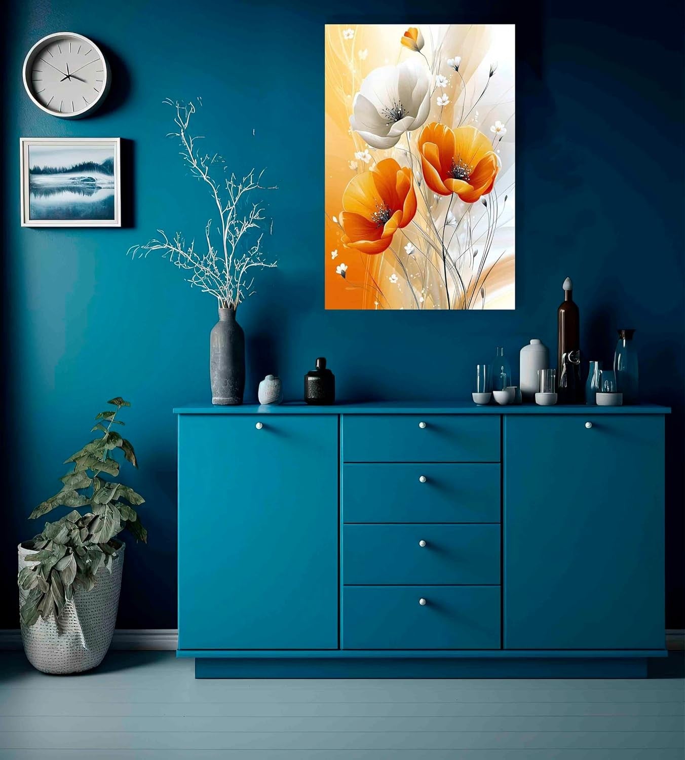 Abstract Orange White Flowers Framed Canvas Print 40x30 cm Modern Art
