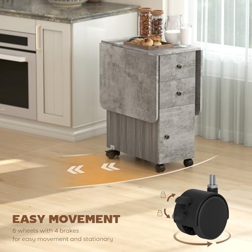 Folding Drop Leaf Dining Table on Wheels with Storage Drawers Cabinet Grey