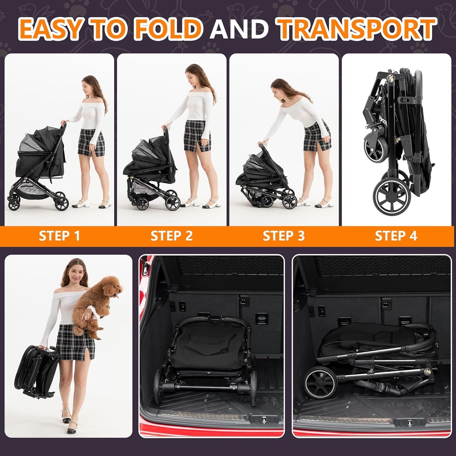 Medium Dog Stroller up to 55lbs No Zip Entry One Click Fold Travel Pram