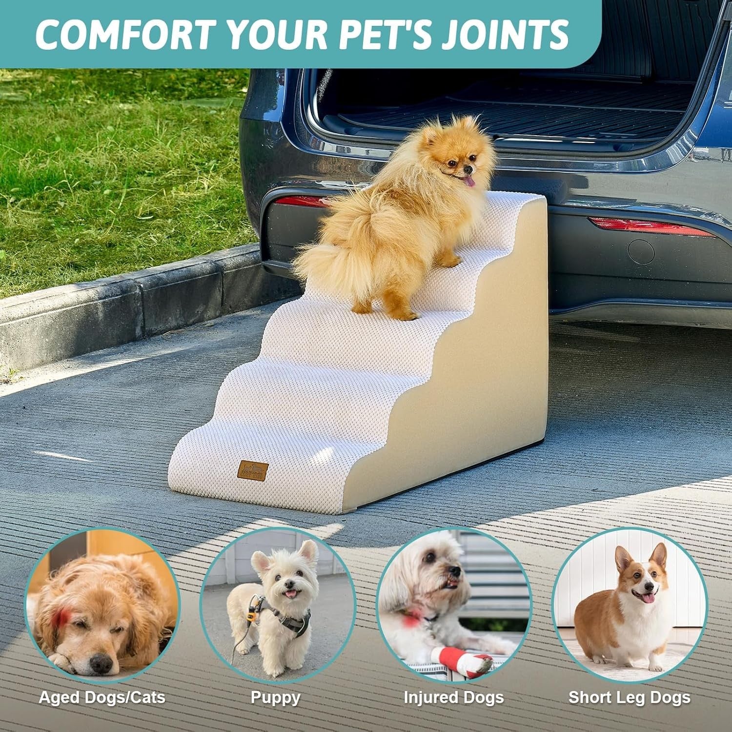 Wide Dog Stairs 5 Step 22.6in Foam Pet Ramp for Bed Sofa Car