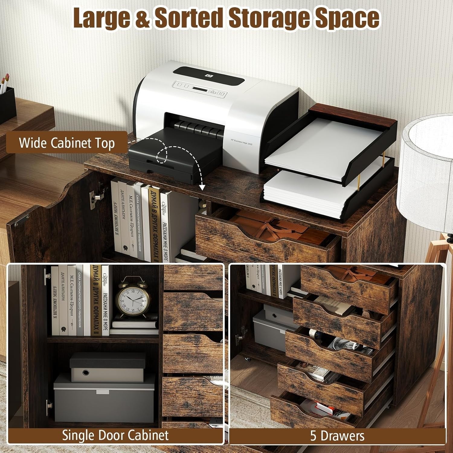 Rustic Brown Mobile File Cabinet 78x40x65cm 5 Drawer Printer Stand