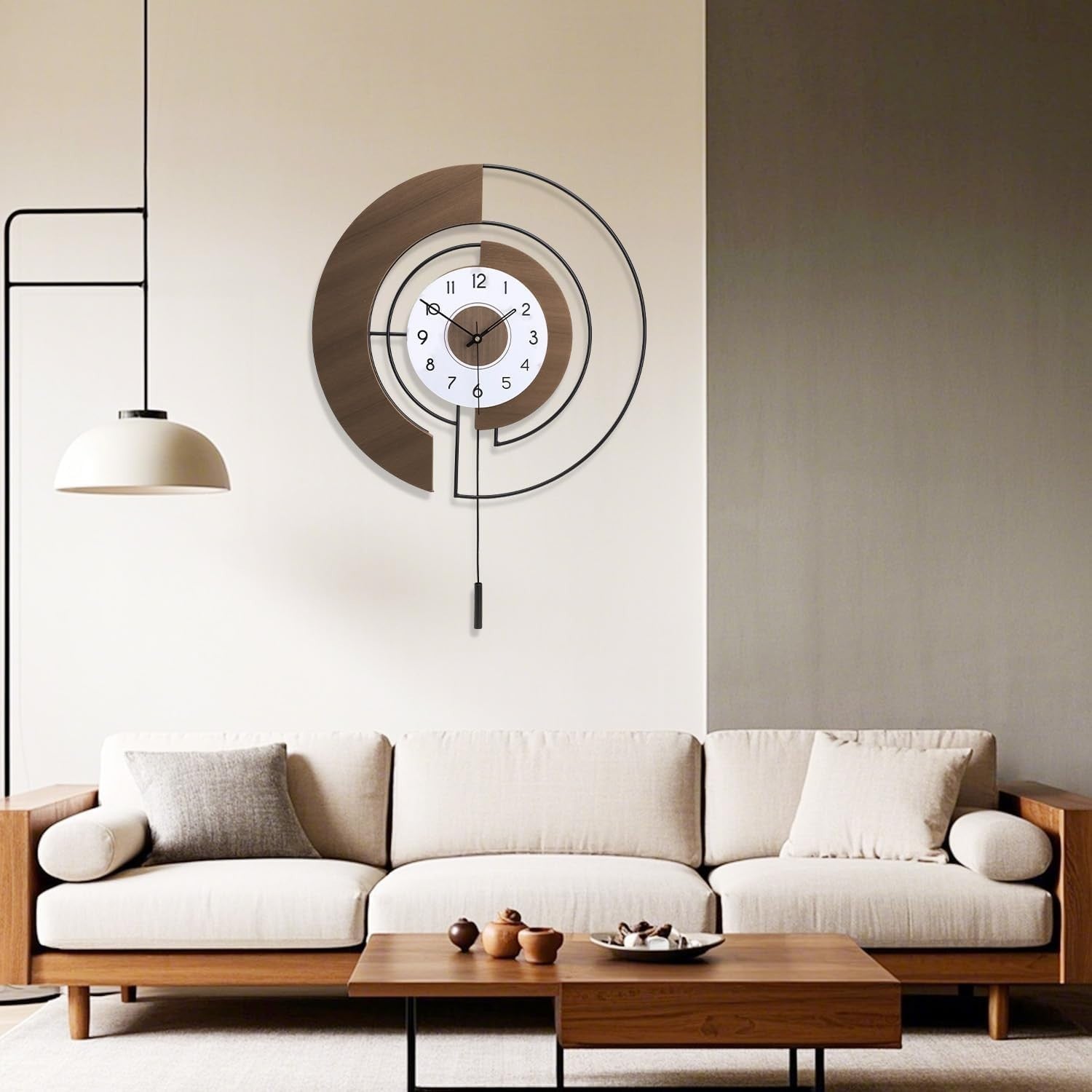 Silent Large Wall Clock with Pendulum, Quartz Battery Operated, Modern Decor