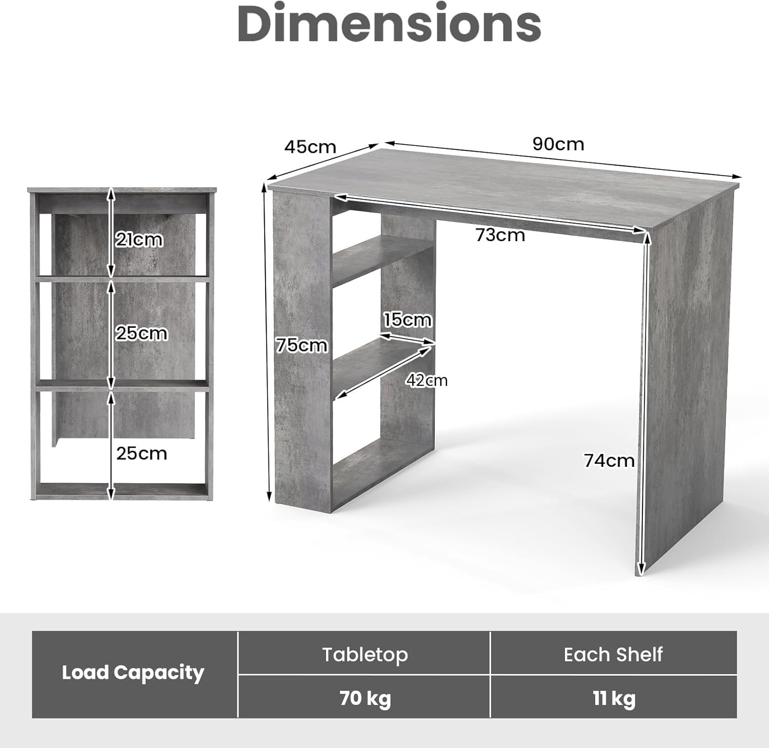Compact Computer Desk with Bookshelf Small Space Home Office Laptop Table Grey