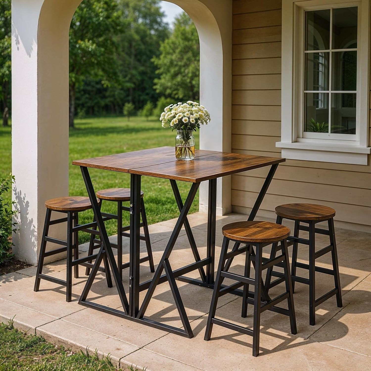 5-Piece Folding Breakfast Bar Table & 4 Stools Set – Vintage Brown Compact