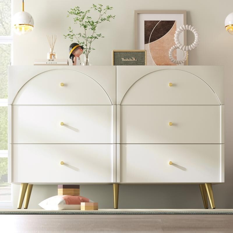 Cream White 6 Drawer Chest Modern Sideboard Cabinet Arched Front Storage