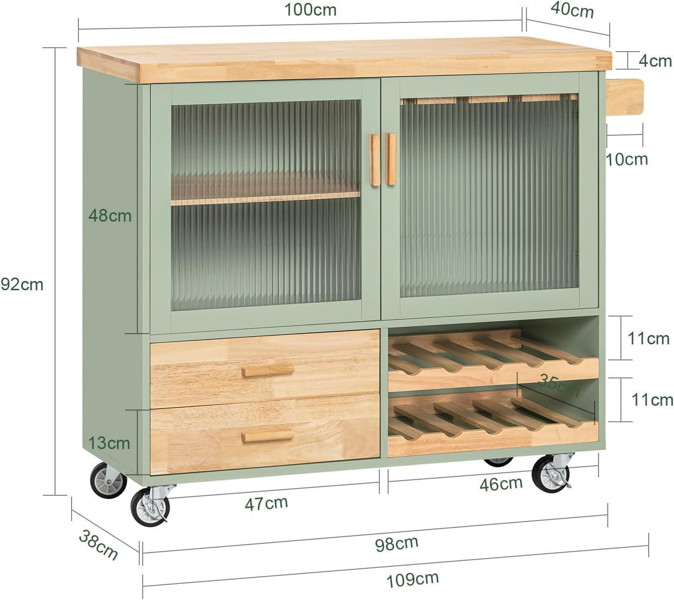 Mobile Kitchen Island on Wheels Glass Door Storage Trolley Wood Worktop
