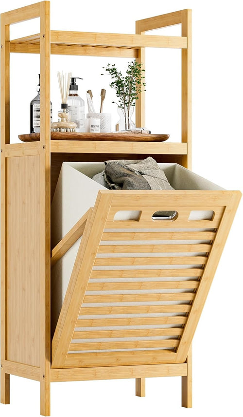 Bamboo Tilt-Out Laundry Hamper with Shelves, Foldable Bag, 30x40x100cm Organizer