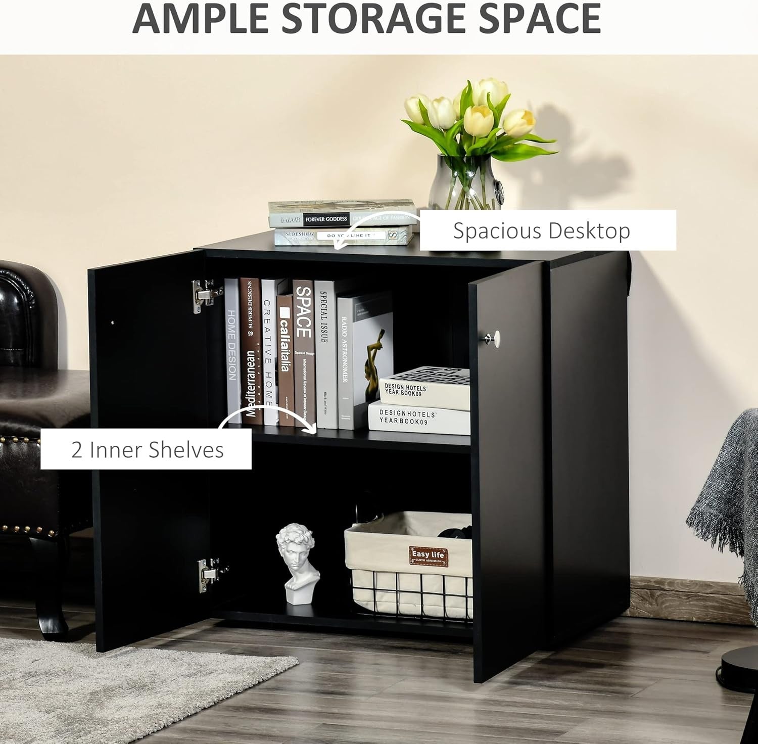 Modern Black Wooden Storage Cabinet 2 Door Sideboard Cupboard Bookcase