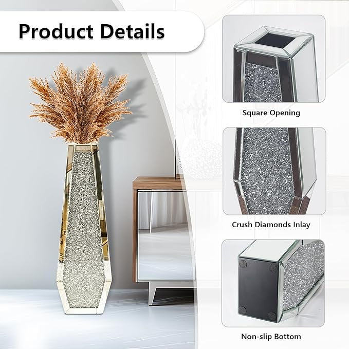 Tall Mirrored Floor Vase 68cm Silver Crushed Diamond Pampas Decor