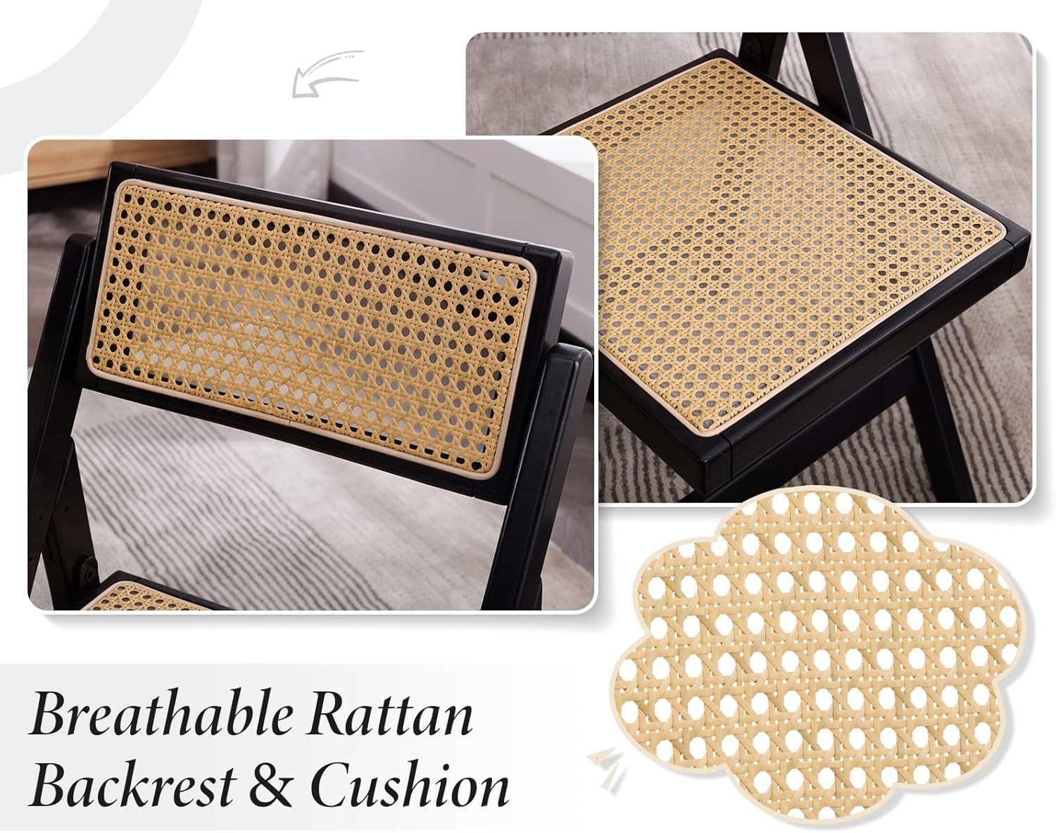 Black Folding Rattan Dining Chairs Set of 2 Wooden Frame Compact Seating