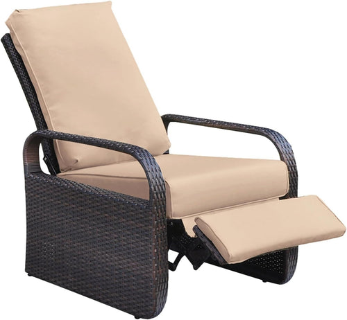 Outdoor Rattan Recliner Chair Adjustable Lounger w/ Thick Khaki Cushion