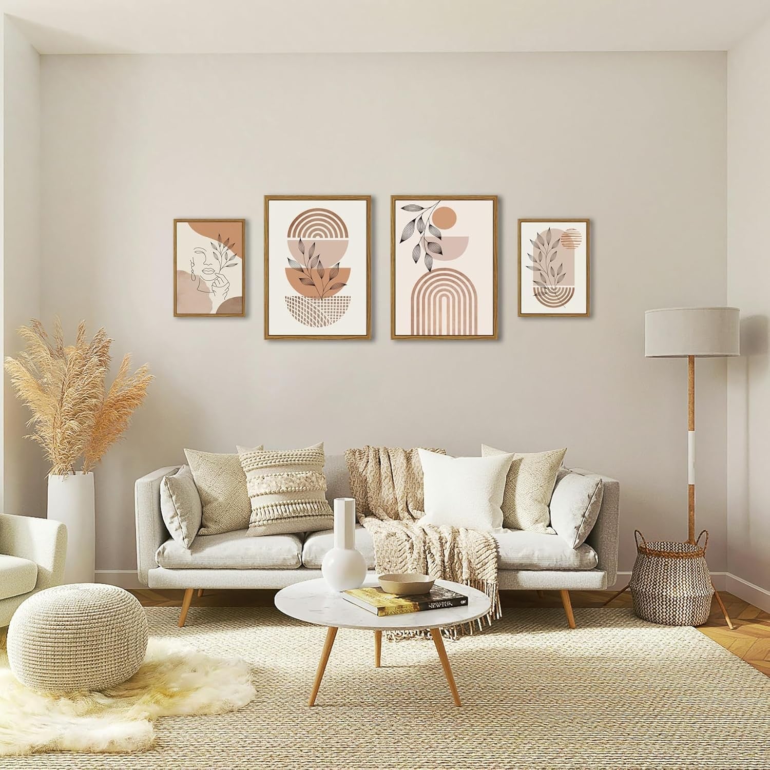 4Pcs Large Boho Canvas Wall Art – Neutral Tones Modern Abstract Framed Set