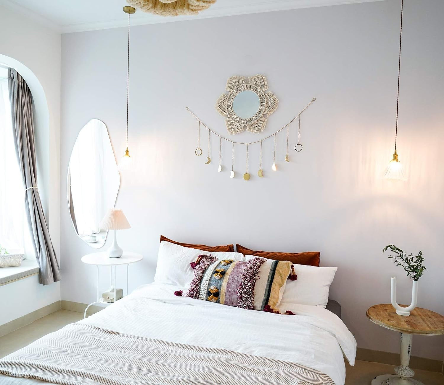 Boho Macrame Sunburst Wall Mirror – Round Cotton Hanging Decor