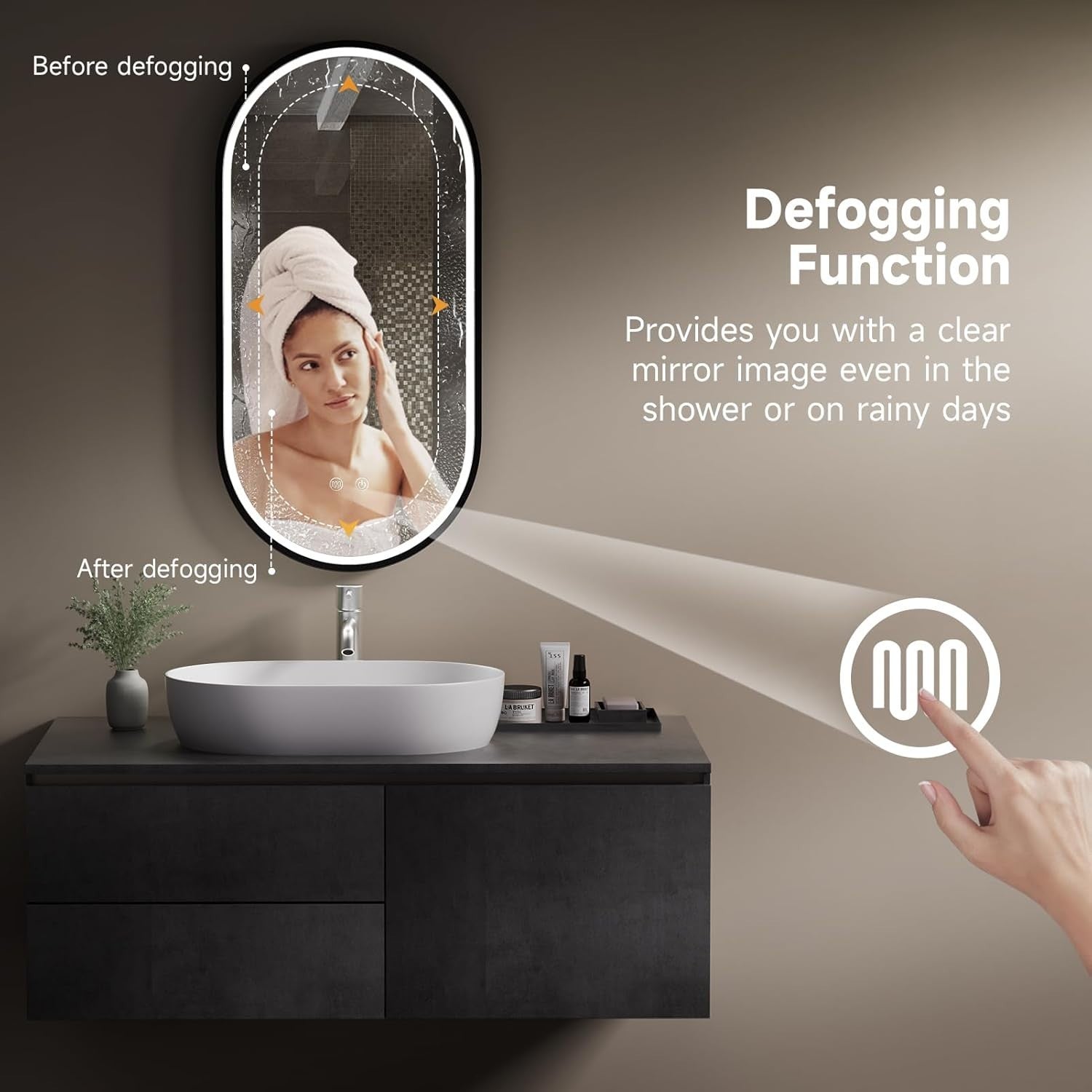 LED Bathroom Mirror 80x40cm Oval Wall Light Touch Control Anti-Fog Pad