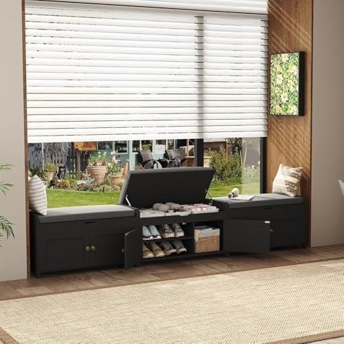 Black Shoe Storage Bench with Cushion Seat 2-Door Cabinet Entryway 76x39x46cm