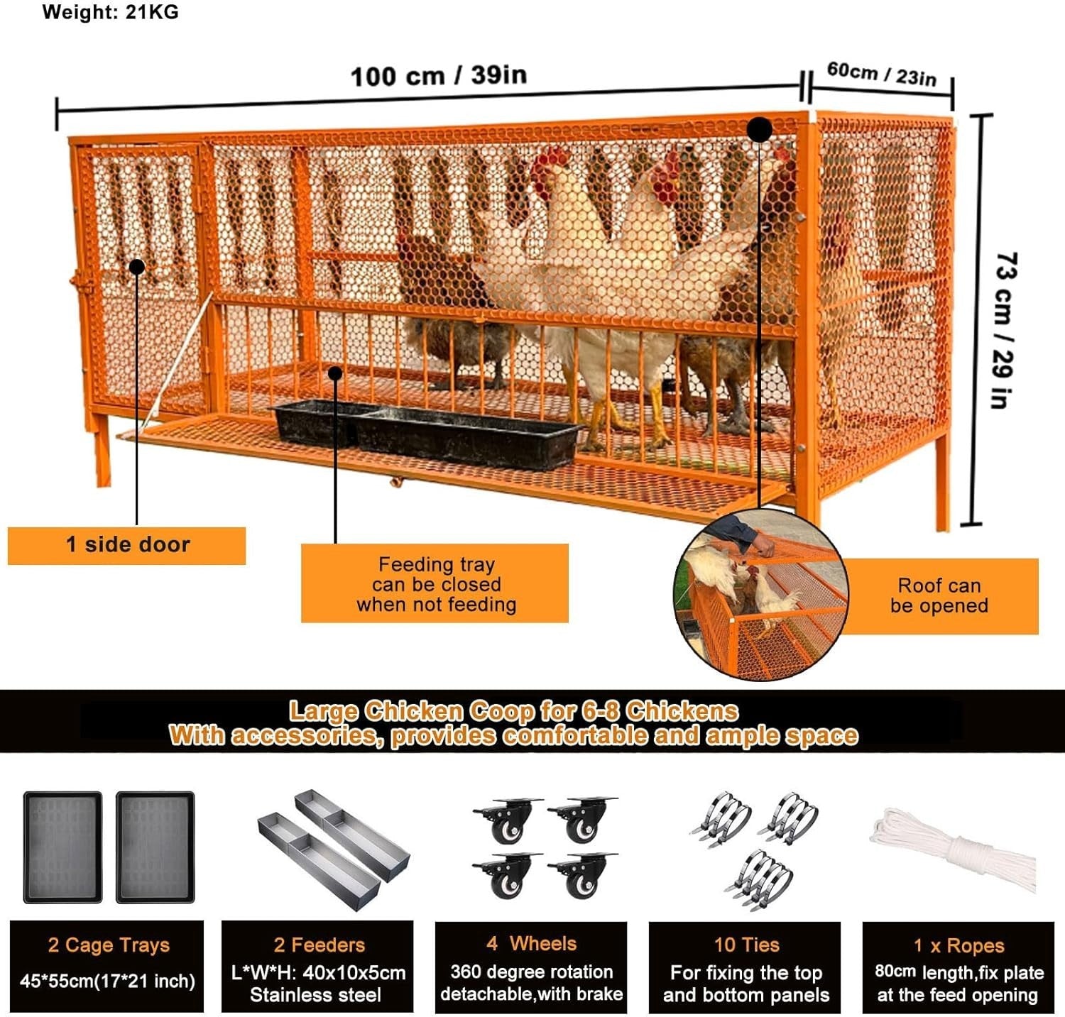 Portable Chicken Run Coop 100x60x73cm Steel Cage Wheels