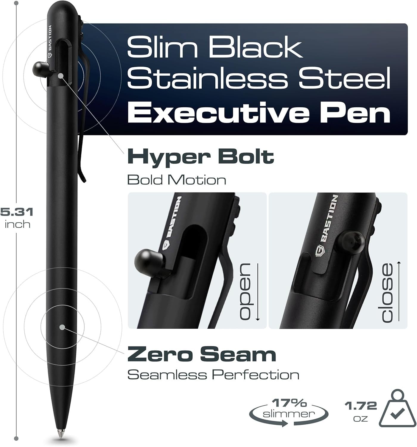 Luxury Stainless Steel Black Ballpoint Pen – Bolt Action, Slim, Gift Ready