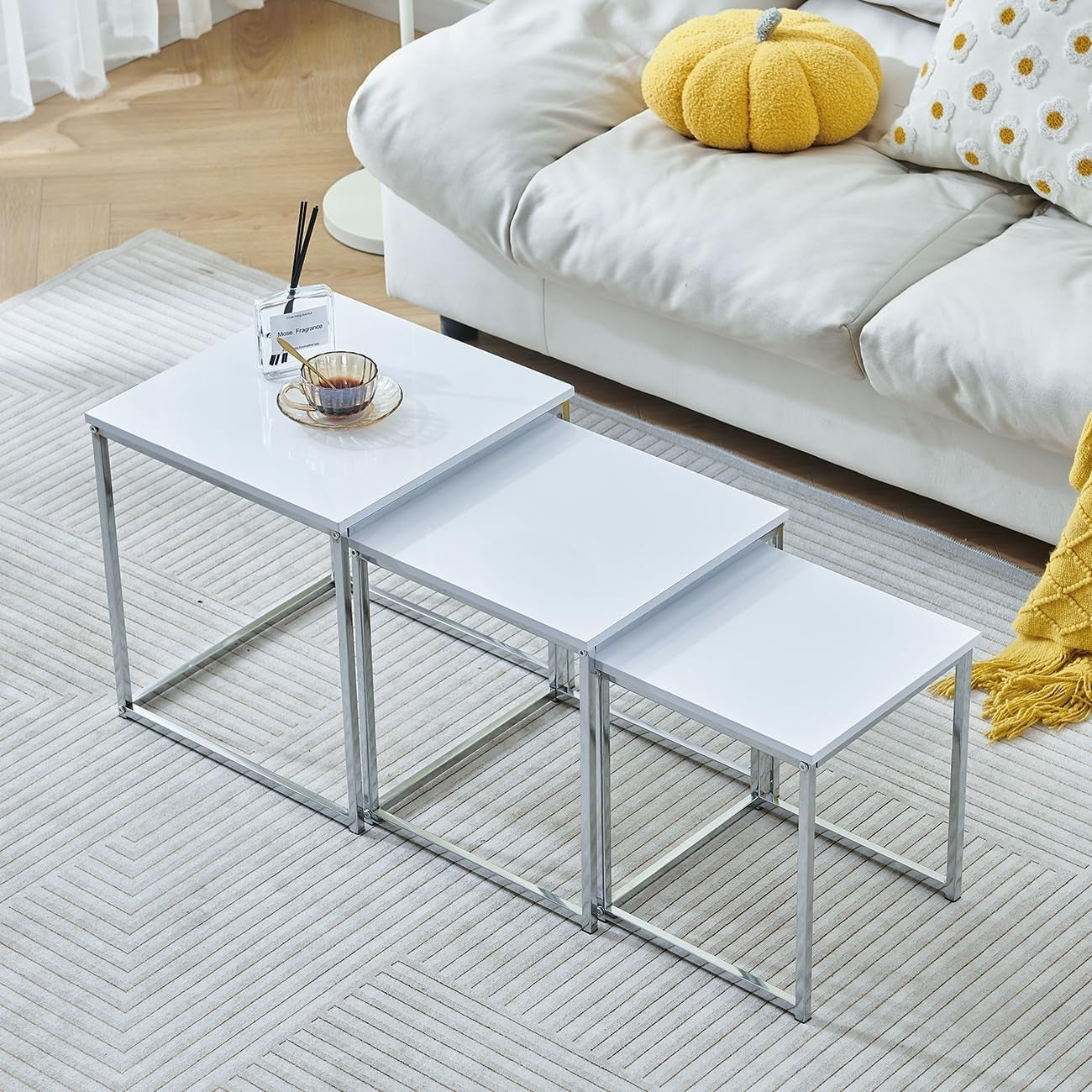 White Nesting Coffee Table Set 3-Piece End Side Nightstand Space Saving
