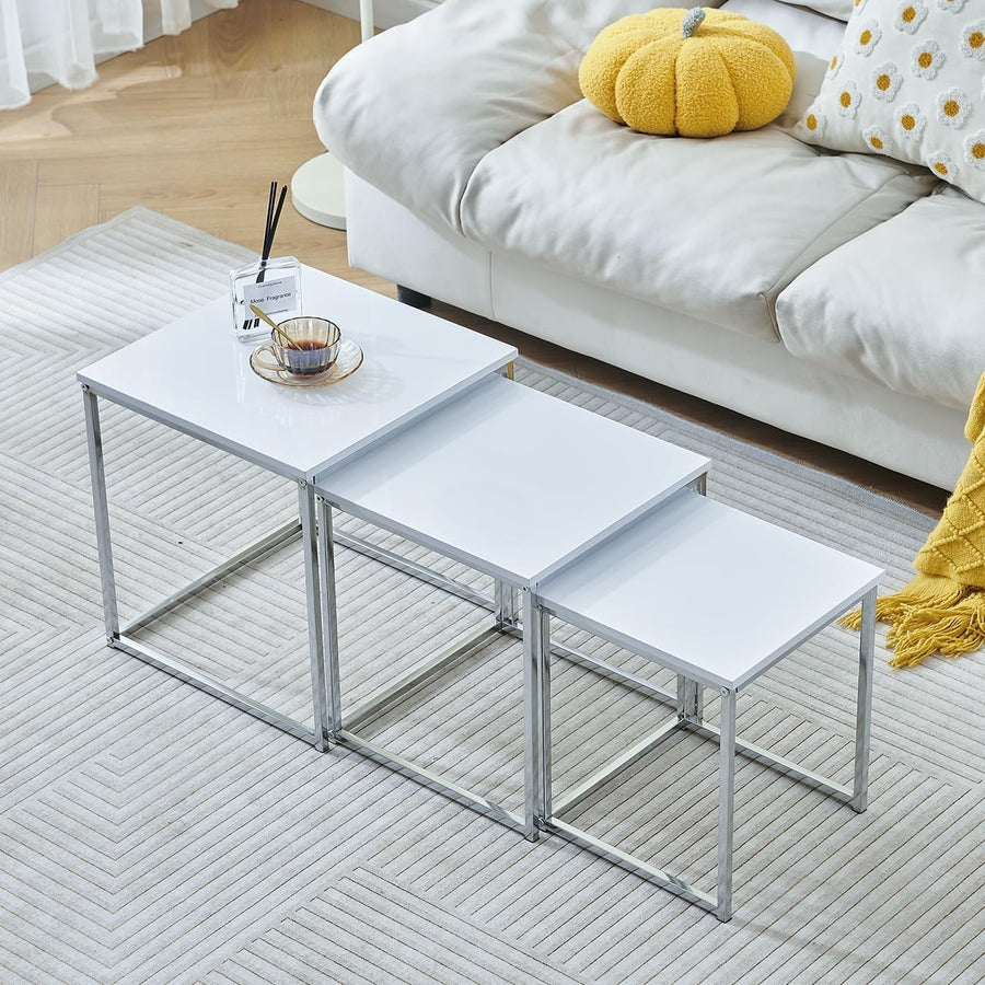 White Nesting Coffee Table Set 3-Piece End Side Nightstand Space Saving