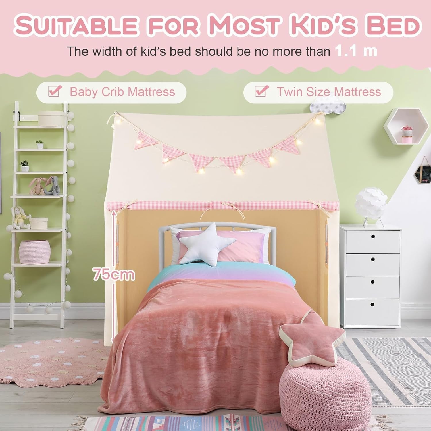 Pink Kids Castle Play Tent with Mat Star Lights Fairy Indoor House