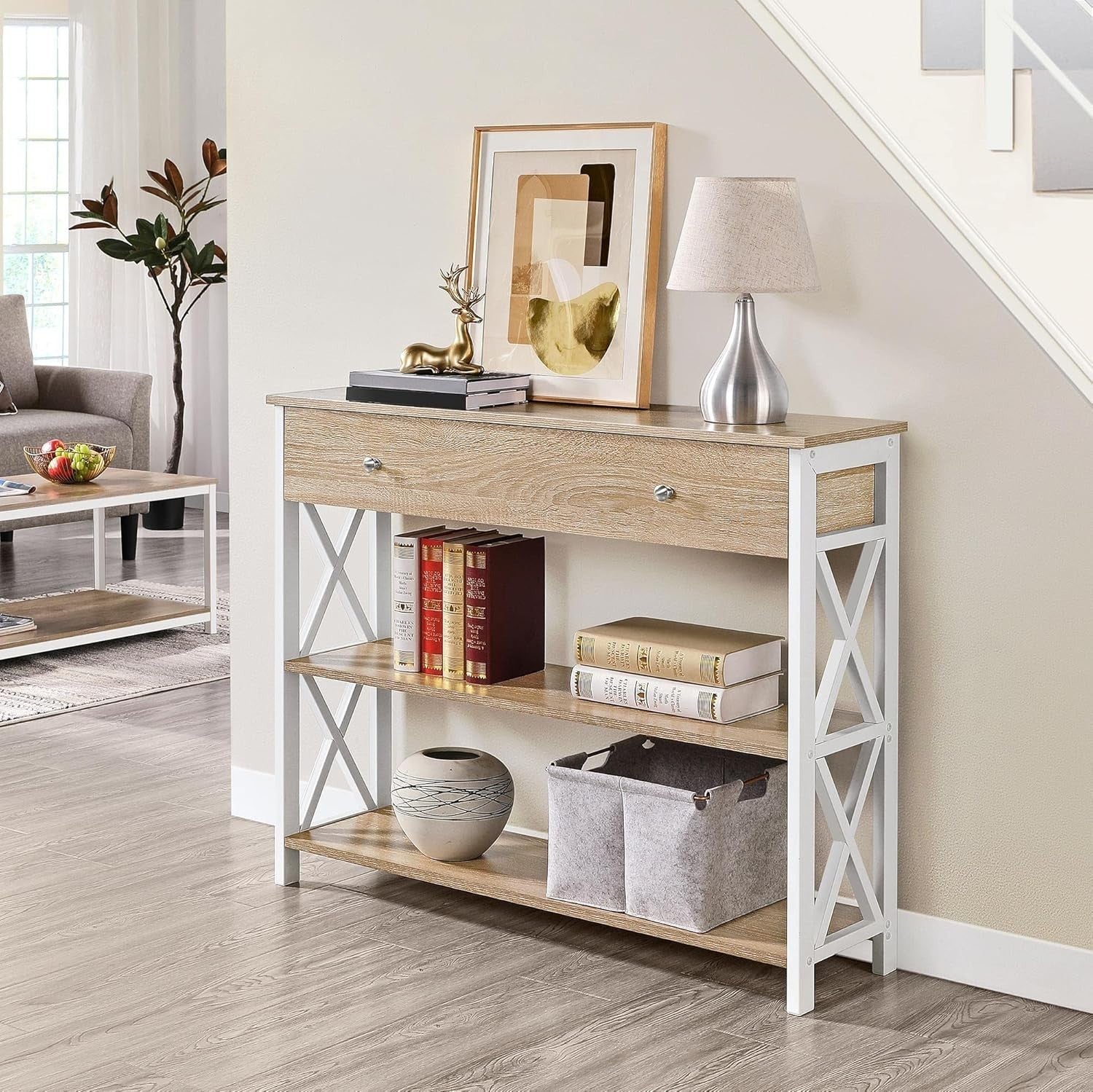 Spacious Console Table with Drawer & 2 Shelves, Sturdy Metal Frame, Light Oak