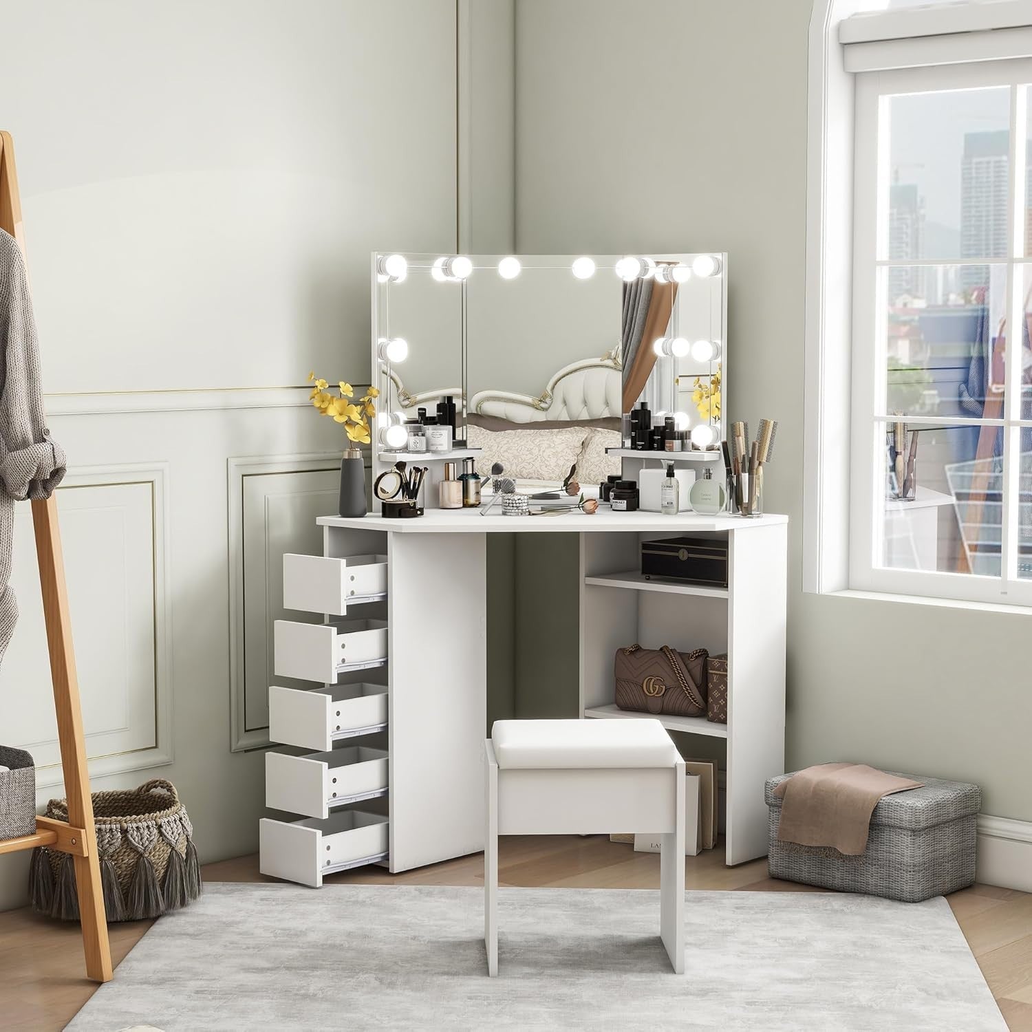 Corner Vanity Dressing Table 3 Fold Mirror 10 LED Lights 5 Drawers White/Black