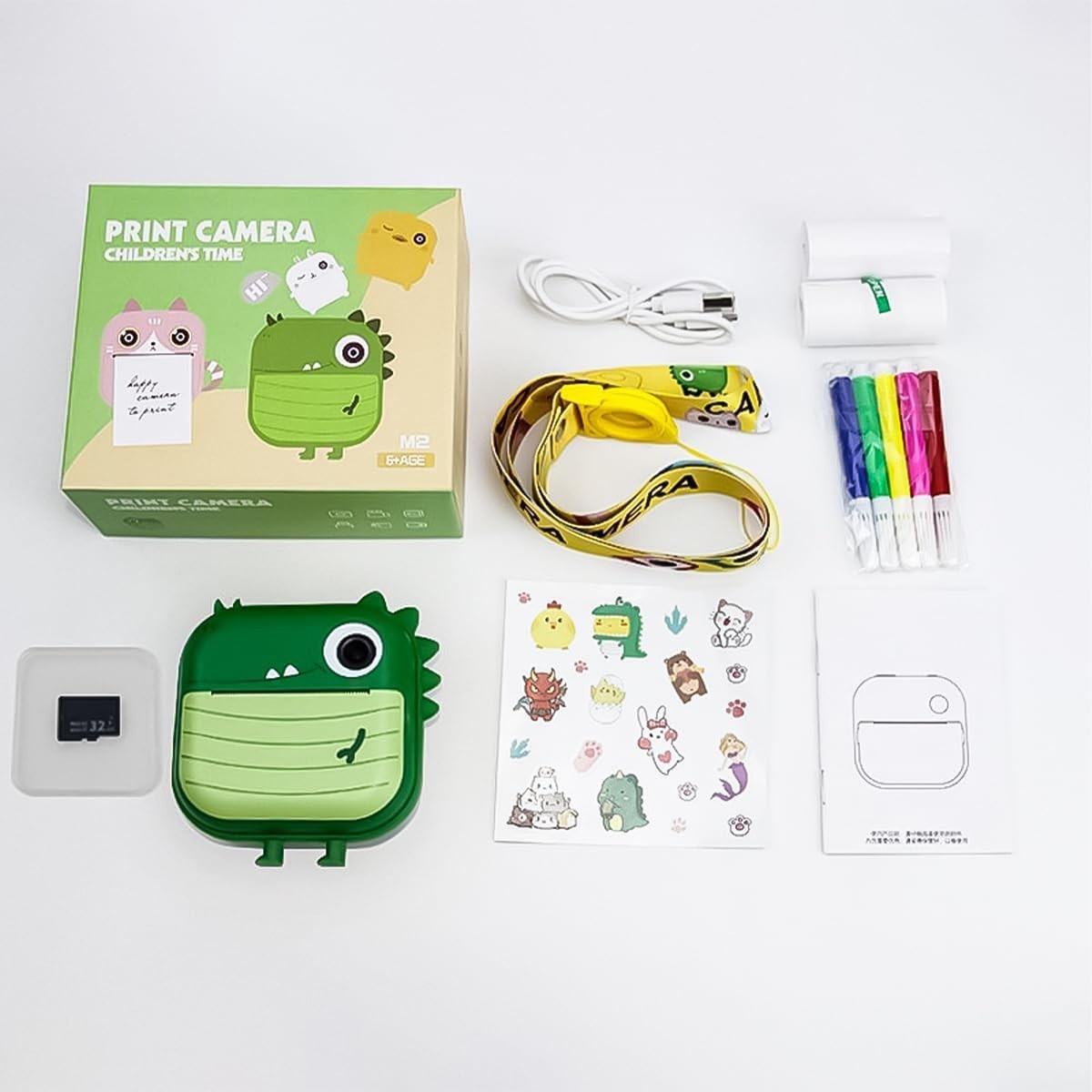 Kids Instant Print Camera 48MP 1080P HD Dinosaur Camera Green Toy