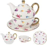 Tea for One Set Floral Teapot Cup Saucer Gold Trim Porcelain Gift Set