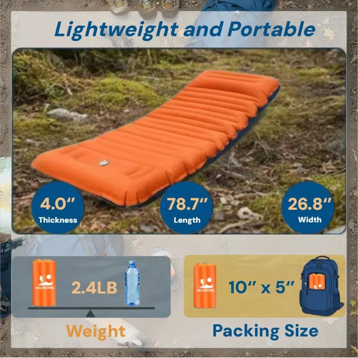 4in Inflatable Camping Sleeping Mat Orange Blue R4 Insulated Waterproof Pad