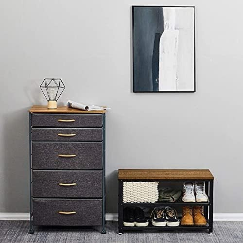 Rustic Brown Shoe Storage Bench with 2 Shelves – Industrial Metal Hallway Unit