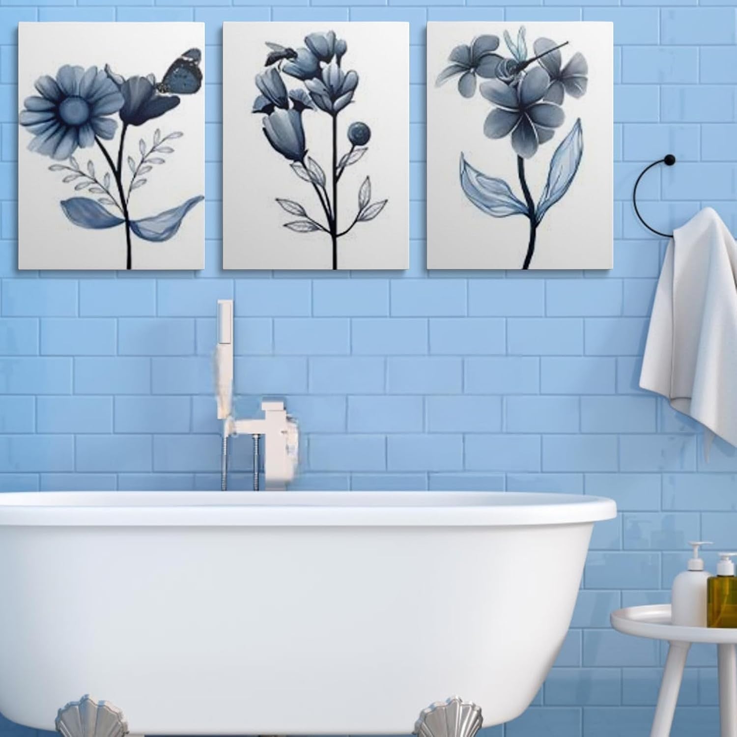 Blue Floral Wall Art Set of 3 Framed Canvas Prints 30x40cm Decor