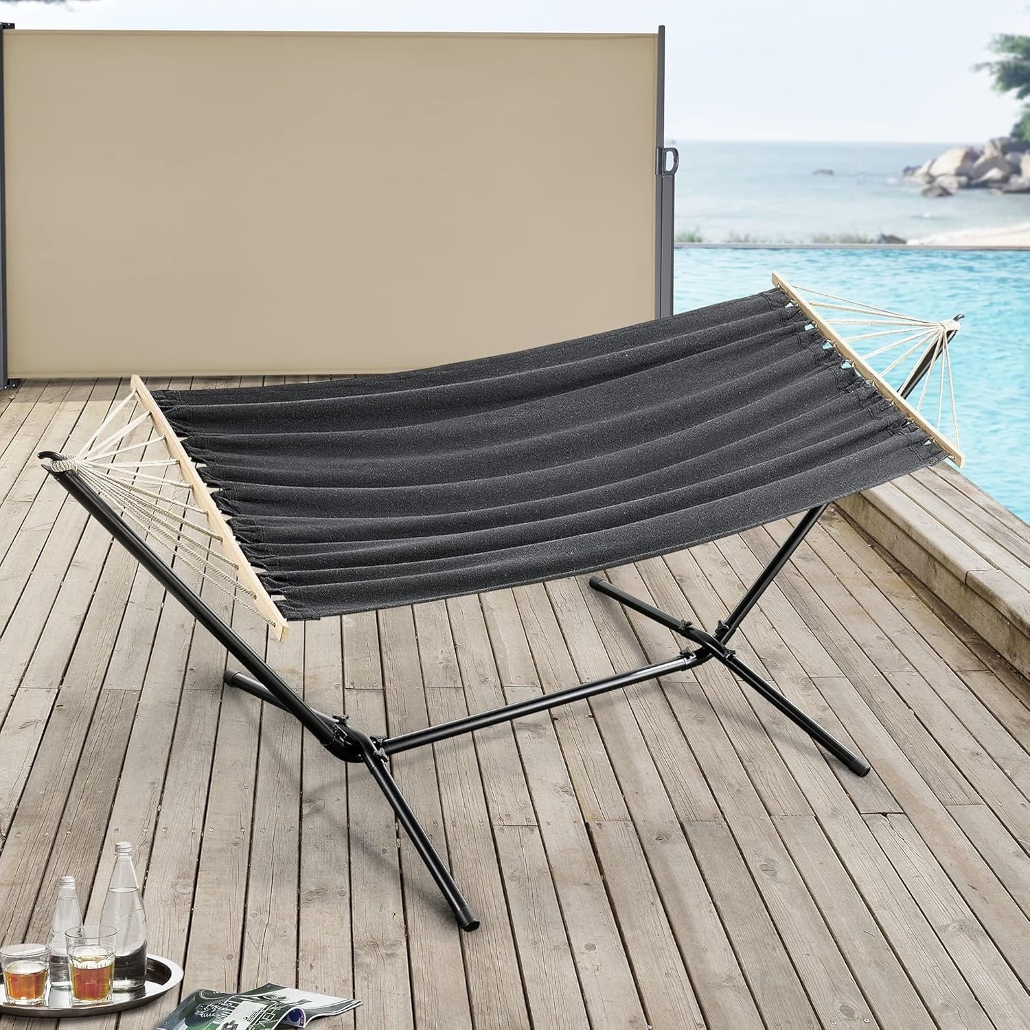 Hammock with Stand 200x100cm Indoor Outdoor Cotton Bed 120kg Capacity Relax